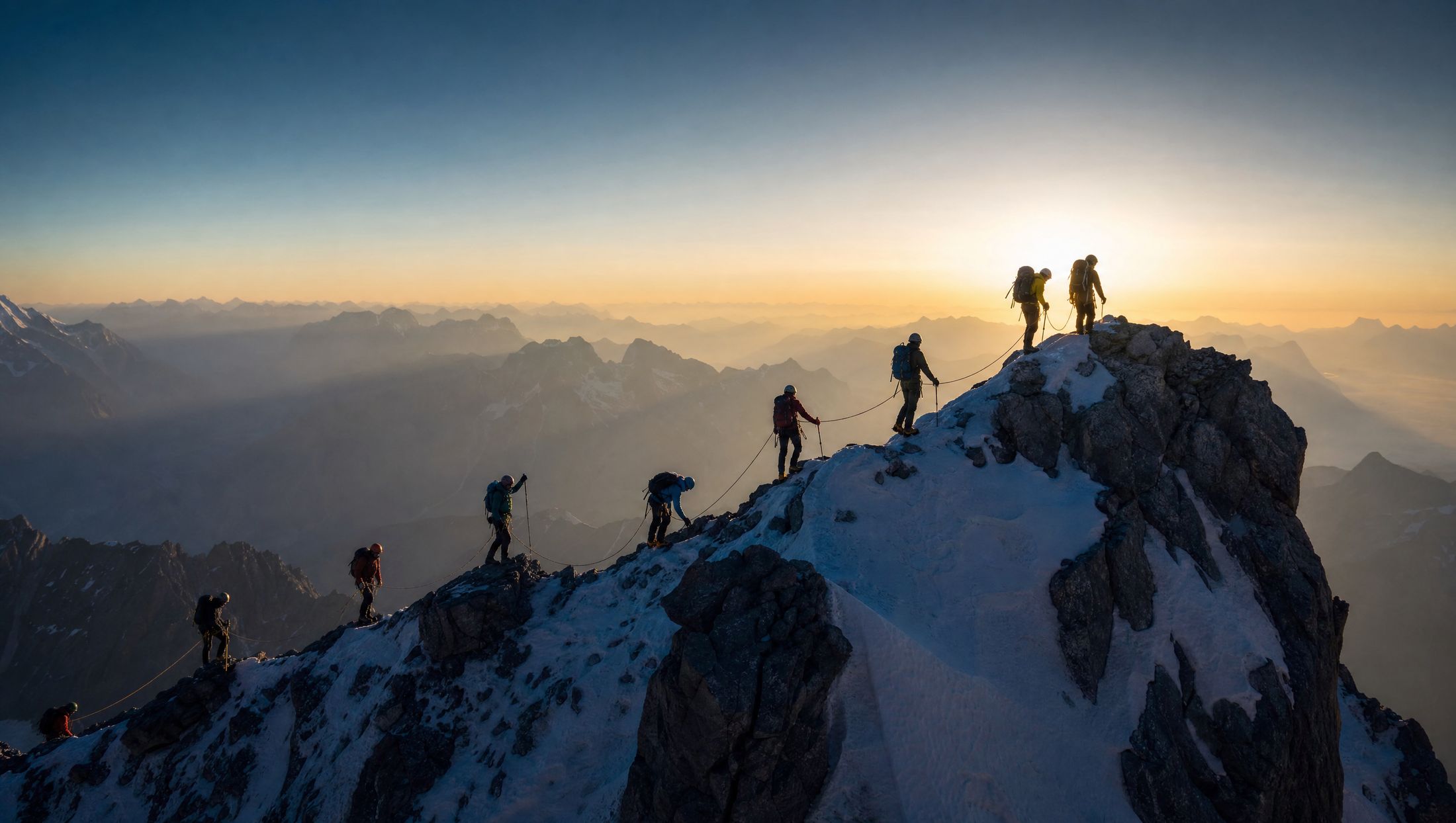 Roped team on an alpine ridge at dawn